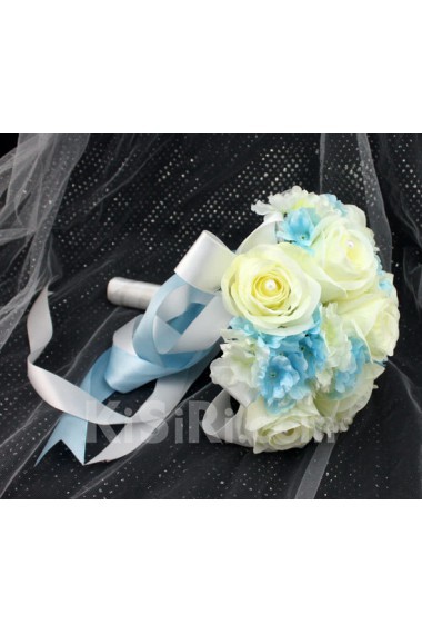 Pretty Blue And Ivory Ribbon with Peal Wedding Bridal Bouquet