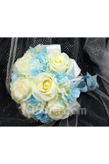 Pretty Blue And Ivory Ribbon with Peal Wedding Bridal Bouquet