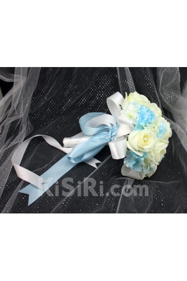 Pretty Ivory And Blue Ribbon with Peal Wedding Bridal Bouquet