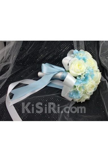 Pretty Ivory And Blue Ribbon with Peal Wedding Bridal Bouquet