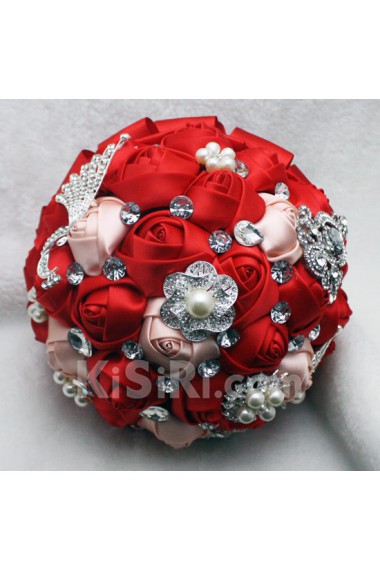 Pretty Round Shape Red Satin Rose with Pearl Wedding Bridal Bouquet