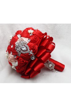 Pretty Round Shape Red Satin Rose with Pearl Wedding Bridal Bouquet