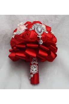 Pretty Round Shape Red Satin Rose with Pearl Wedding Bridal Bouquet