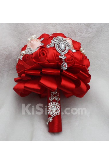 Pretty Round Shape Red Satin Rose with Pearl Wedding Bridal Bouquet