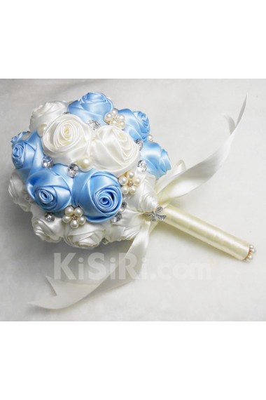 Satin with Pearl Round Shape White And Blue Wedding Bridal Bouquet