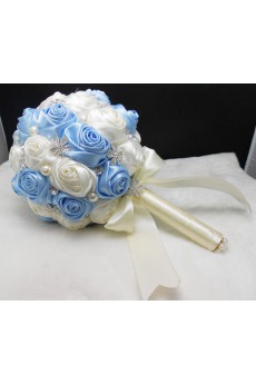 Satin with Pearl Round Shape White And Blue Wedding Bridal Bouquet