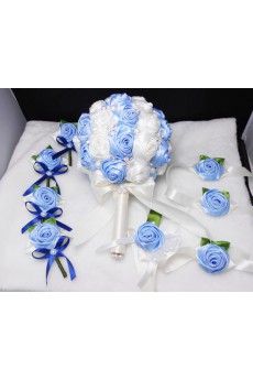 Satin with Pearl Round Shape White And Blue Wedding Bridal Bouquet