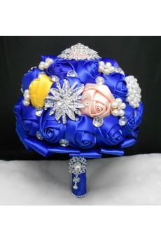 Elegant Round Shape Royal Blue And Yellow Silk Wedding Bridal Bouquet