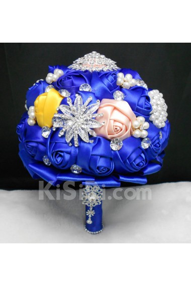 Elegant Round Shape Royal Blue And Yellow Silk Wedding Bridal Bouquet