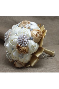 Elegant Round Shape Ivory And Coffee Silk Wedding Bridal Bouquet