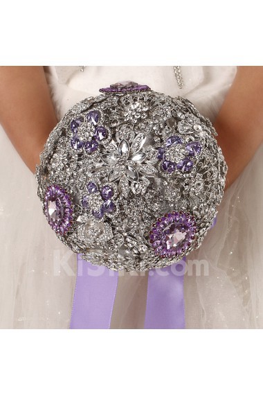 Elegant Round Shape Wedding Bridal Bouquet with Silver Diamond + purple diamond