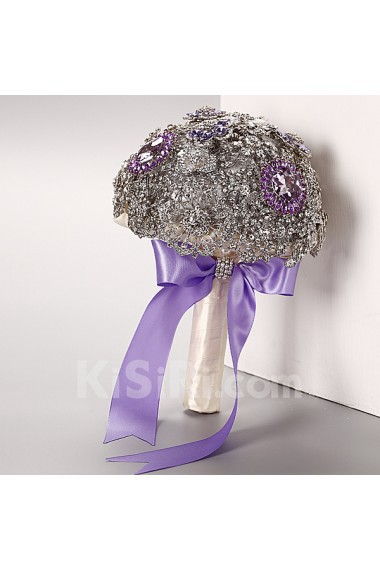 Elegant Round Shape Wedding Bridal Bouquet with Silver Diamond + purple diamond