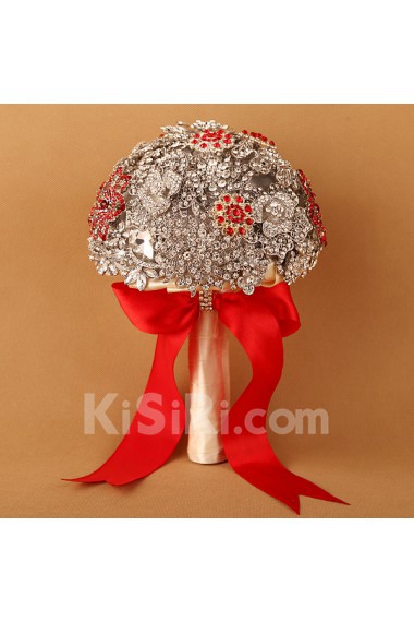 Elegant Round Shape Wedding Bridal Bouquet with Silver Diamond + Red diamond