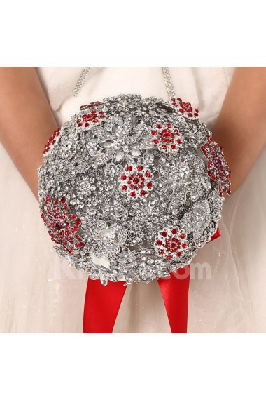 Elegant Round Shape Wedding Bridal Bouquet with Silver Diamond + Red diamond