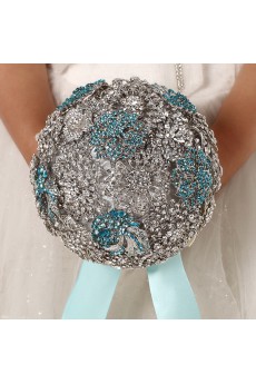 Elegant Round Shape Wedding Bridal Bouquet with Silver Diamond + Blue Diamond