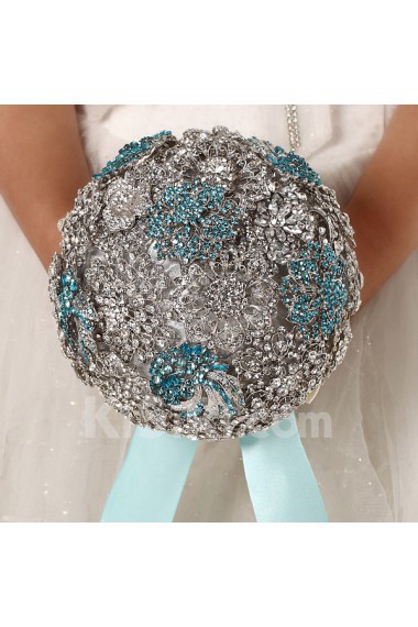 Elegant Round Shape Wedding Bridal Bouquet with Silver Diamond + Blue Diamond