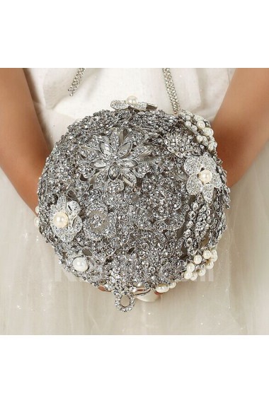 Elegant Round Shape Wedding Bridal Bouquet with Silver Diamond + Ivory Diamond