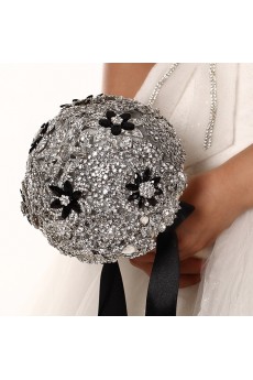 Elegant Round Shape Wedding Bridal Bouquet with Silver Diamond + Black Diamond