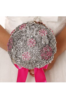 Elegant Round Shape Wedding Bridal Bouquet with Silver Diamond + Fuchsia Diamond