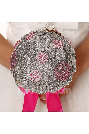 Elegant Round Shape Wedding Bridal Bouquet with Silver Diamond + Fuchsia Diamond