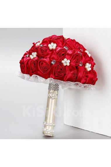 Satin with Pearl Round Shape Red Wedding Bridal Bouquet