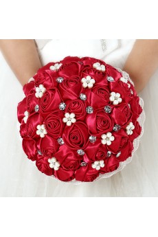 Satin with Pearl Round Shape Red Wedding Bridal Bouquet