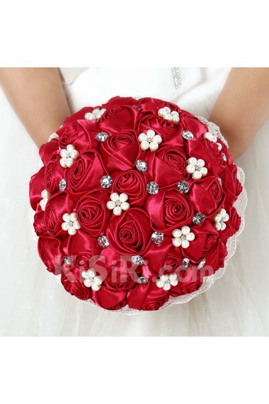 Satin with Pearl Round Shape Red Wedding Bridal Bouquet