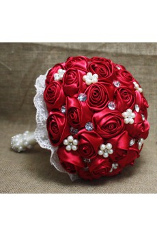 Satin with Pearl Round Shape Red Wedding Bridal Bouquet