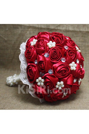 Satin with Pearl Round Shape Red Wedding Bridal Bouquet