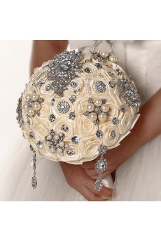 Pretty Round Shape Ivory And Silver Satin Rose Wedding Bridal Bouquet