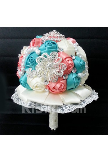 Romantic Ivory And Blue And Pink Rhinestone Roses Wedding Bridal Bouquet