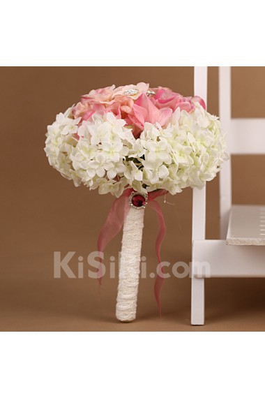 Elegant Pink And White Fabric Rhinestone Wedding Bridal Bouquet