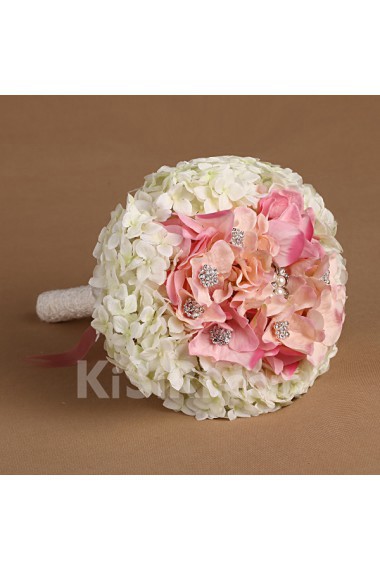 Elegant Pink And White Fabric Rhinestone Wedding Bridal Bouquet