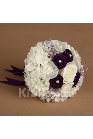 Elegant Purple And White Fabric Rhinestone Wedding Bridal Bouquet