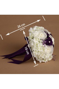 Elegant Purple And White Fabric Rhinestone Wedding Bridal Bouquet