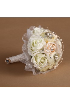 Elegant Ivory And Pink Fabric Rhinestone Wedding Bridal Bouquet