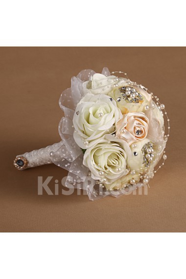 Elegant Ivory And Pink Fabric Rhinestone Wedding Bridal Bouquet