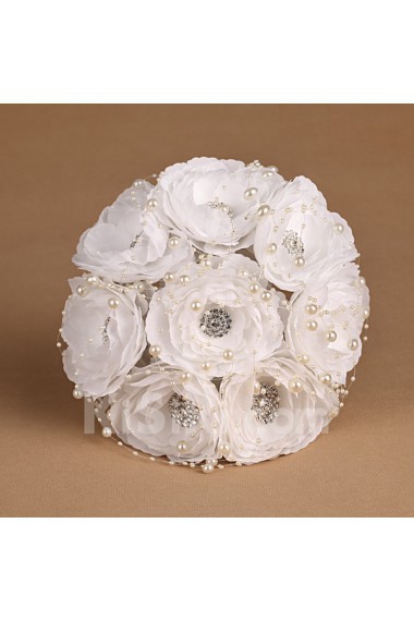 Elegant White Fabric Rhinestone Wedding Bridal Bouquet