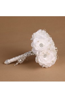 Elegant White Fabric Rhinestone Wedding Bridal Bouquet