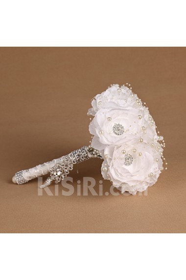 Elegant White Fabric Rhinestone Wedding Bridal Bouquet