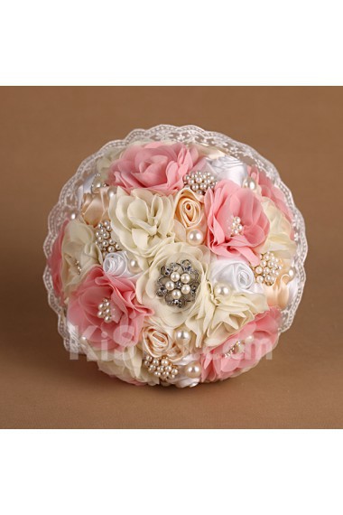 Elegant Pink And White And Ivory Fabric Rhinestone Wedding Bridal Bouquet