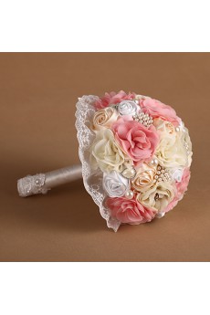 Elegant Pink And White And Ivory Fabric Rhinestone Wedding Bridal Bouquet