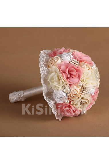 Elegant Pink And White And Ivory Fabric Rhinestone Wedding Bridal Bouquet