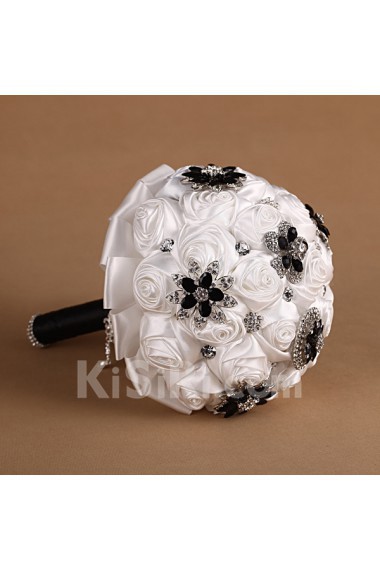 Elegant Black and White Fabric Rhinestone Wedding Bridal Bouquet