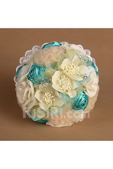 Round Shape Blue Chiffon Imitation Pearls Wedding Bridal Bouquet with Rhinestone