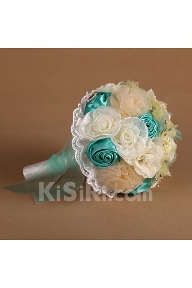 Round Shape Blue Chiffon Imitation Pearls Wedding Bridal Bouquet with Rhinestone