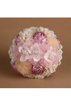 Round Shape Pearl Pink Chiffon Imitation Pearls Wedding Bridal Bouquet with Rhinestone