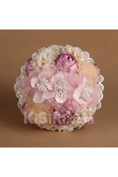 Round Shape Pearl Pink Chiffon Imitation Pearls Wedding Bridal Bouquet with Rhinestone