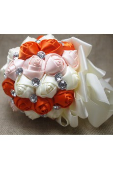 Fashion Round Shape Orange and Pink and Ivory Fabric Wedding Bridal Bouquet with Rhinestone