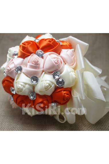 Fashion Round Shape Orange and Pink and Ivory Fabric Wedding Bridal Bouquet with Rhinestone